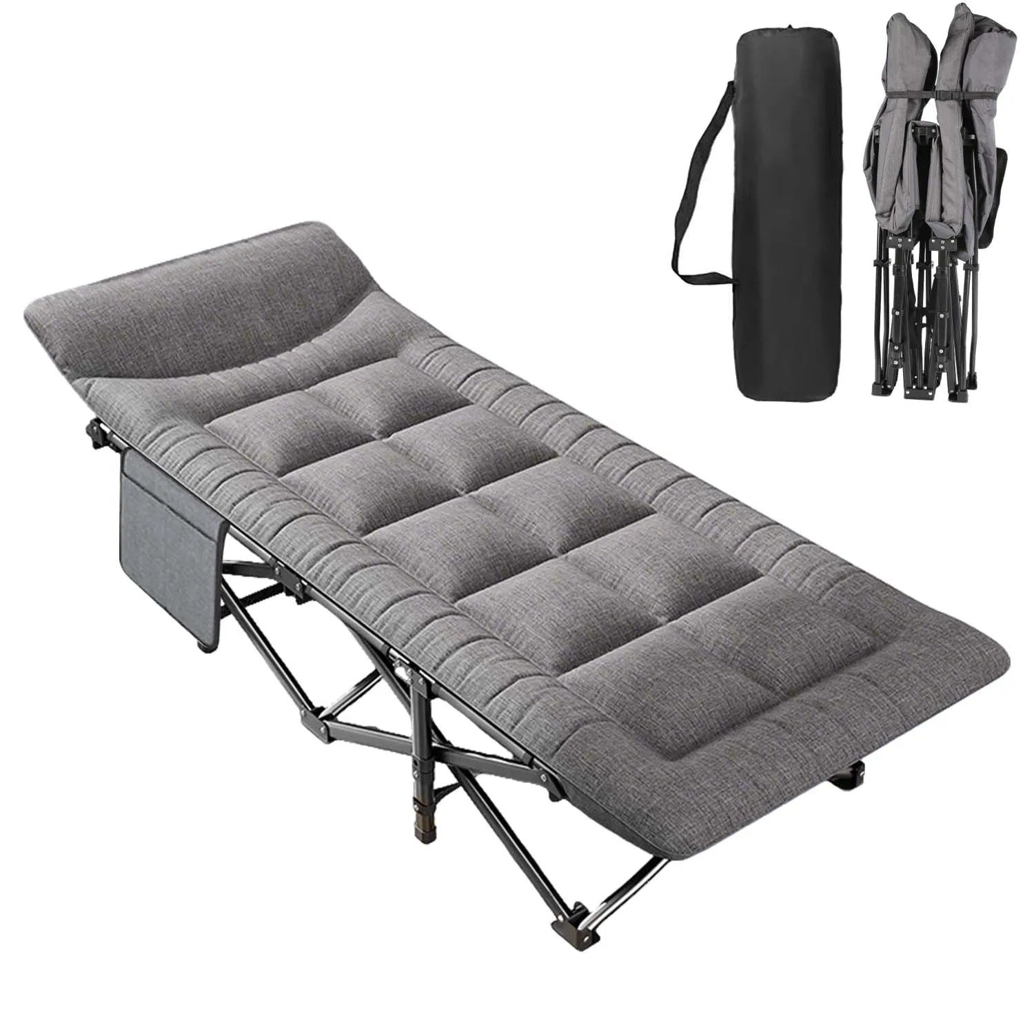 Folding Camping Bed with Headrest & Side Pocket Portable Single Cot