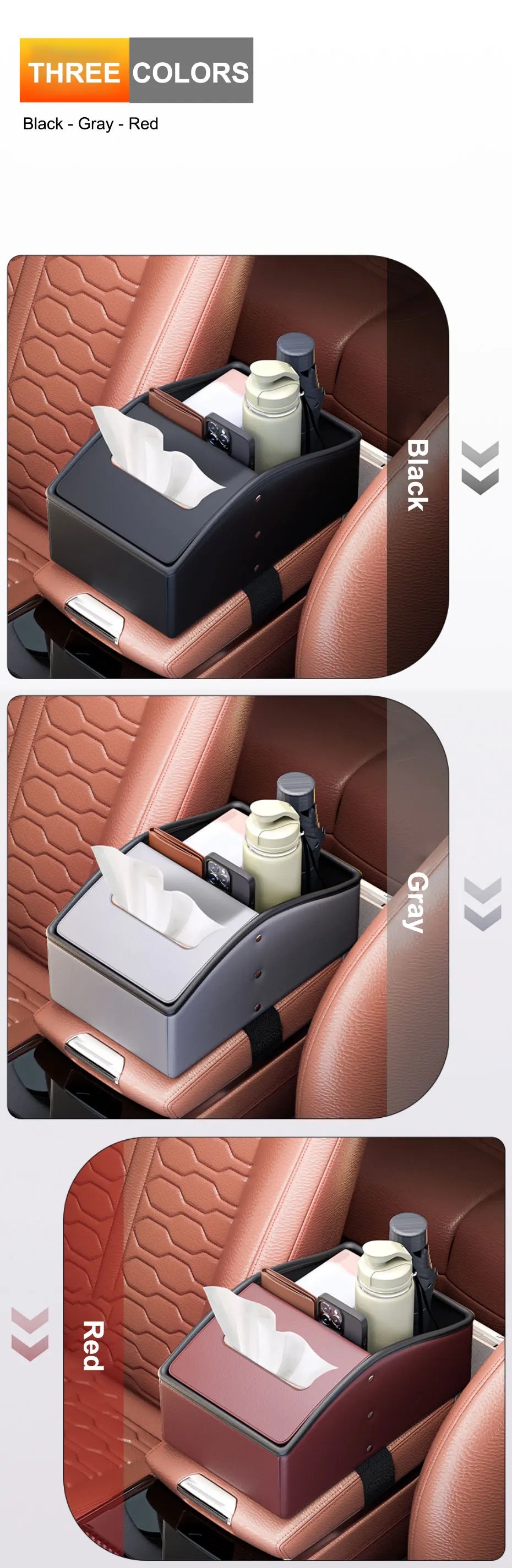 SEAMETAL Car Arm Rest Storage Box Nappa Leather Armrest Organizer with Tissue Holder Universal Auto Center Console Extension Box