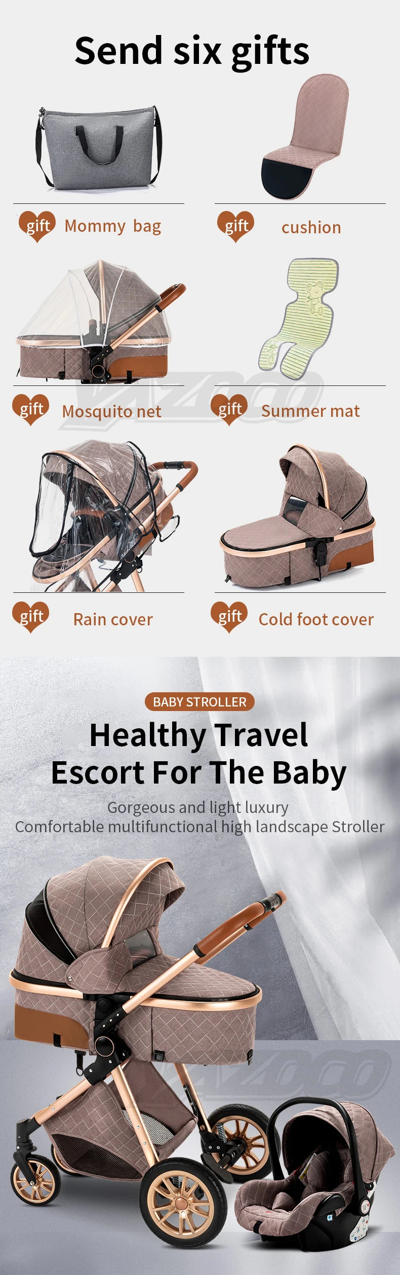 3 in 1 Baby Stroller Portable Travel Pram with High Landscape Design