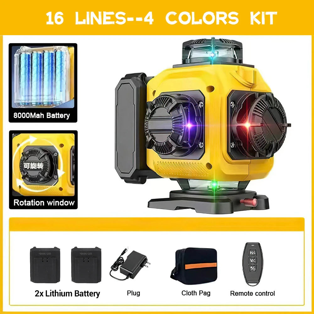 Professional 16 Lines 4D Laser Level Automatic 360 ° Horizontal & Vertical Power Lines Laser Levels Power Display Green Beam