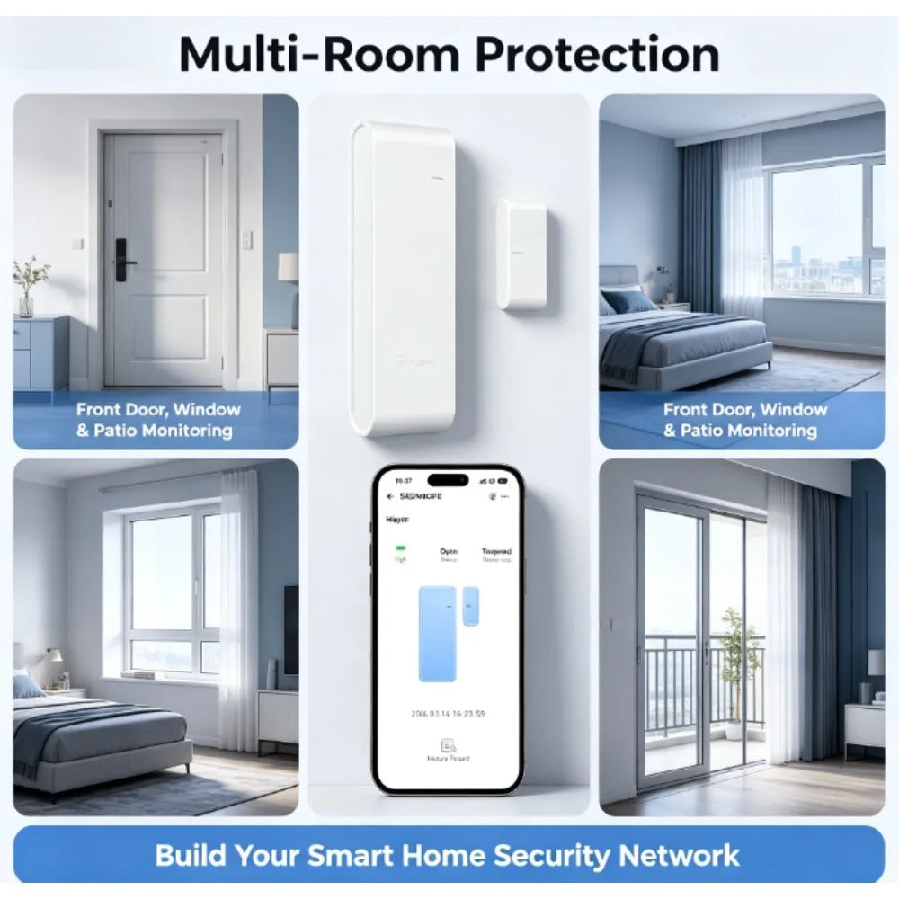 Capteur Intelligent Zigbee 6-en-1 Porte Fenêtre Ouverture/Fermeture avec Application Alerte Instantanée, Alarme de Mutation & Historique, Installation Sans Perçage pour Sécurité Domestique