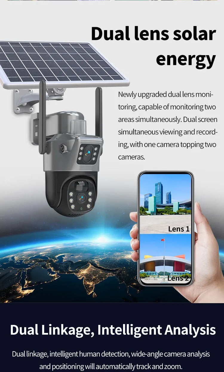 4MP Wireless Security Camera with Solar Panel, PTZ, Dual Lens