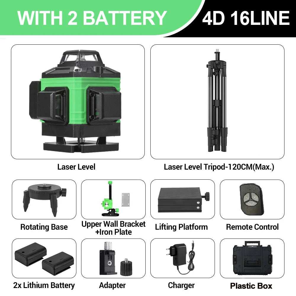 16 Lines 4D Laser Level green line SelfLeveling 360 Horizontal & Vertical power Laser level Professional Construction Tools