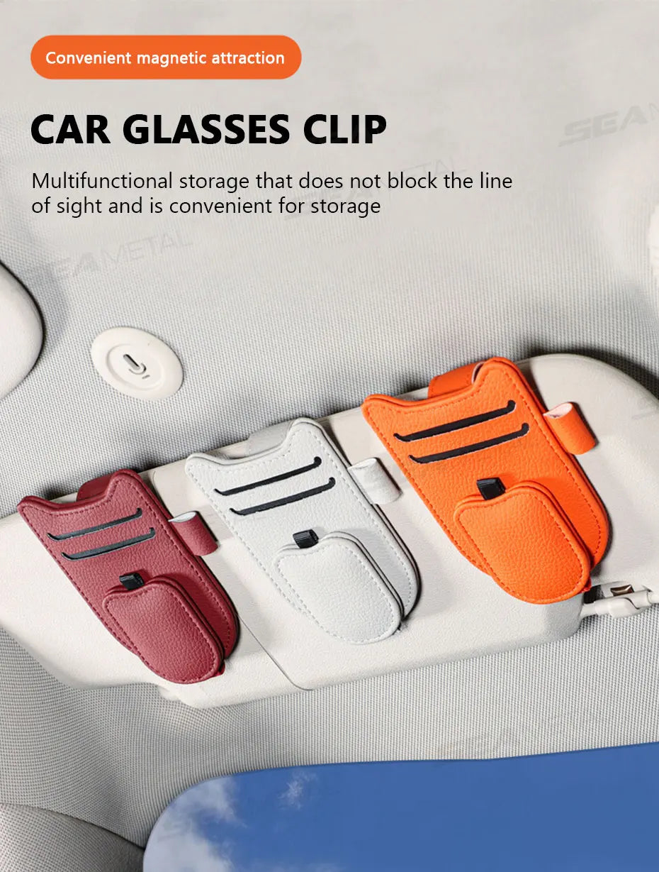 SEAMETAL Car Sun Visor Glasses Holder Magnetic Eyeglasses Hanger Clip Luxury Leatherette Car Sunglasses Holder Mount Universal