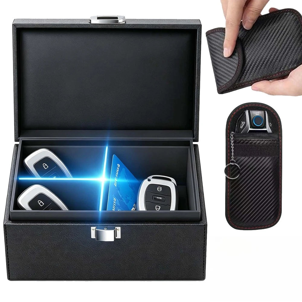 Car Key Storage Box With Removable Divider Metal Anti‑Theft Box With Carbon Fiber Pouch For Keys Wallets Phones