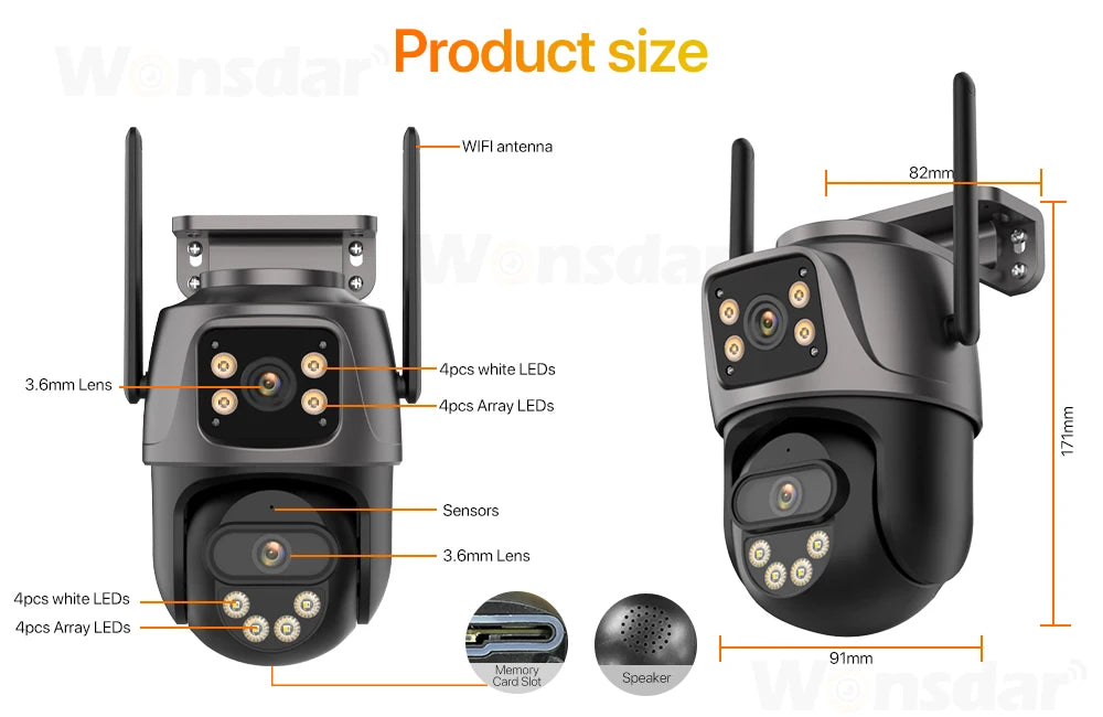 Three Screen WiFi IP Camera Outdoor 4K Dual Lens PTZ Security Camera