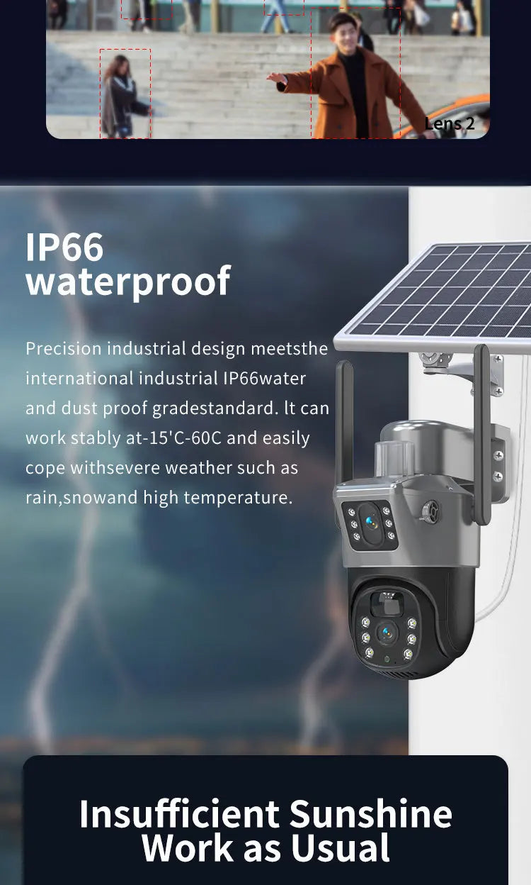 4MP Wireless Security Camera with Solar Panel, PTZ, Dual Lens