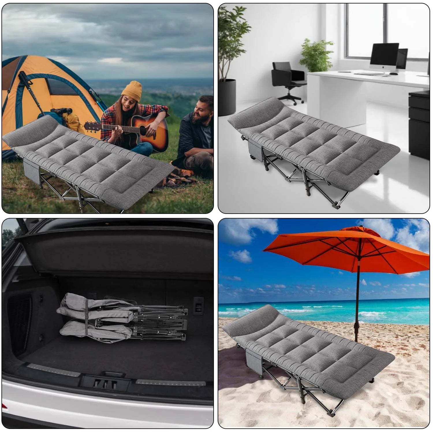Folding Camping Bed with Headrest & Side Pocket Portable Single Cot