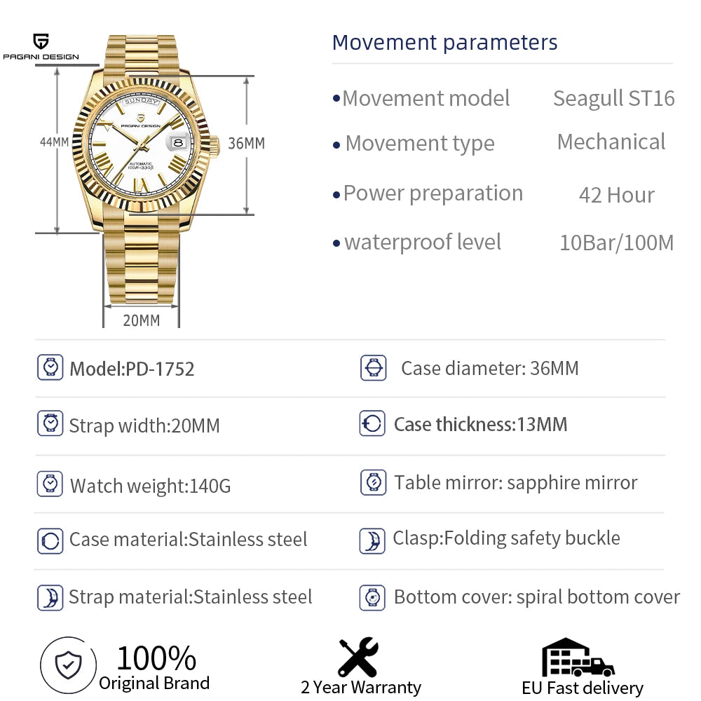 Pagani Design DD36 36mm automatisk ur med dag-dato safirglas