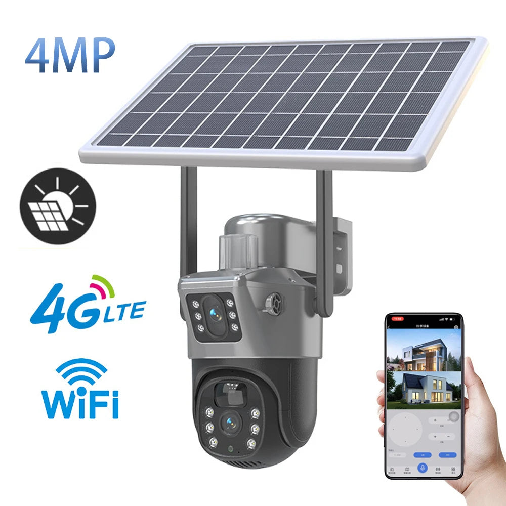 4MP Wireless Security Camera with Solar Power, PTZ, Dual Lens