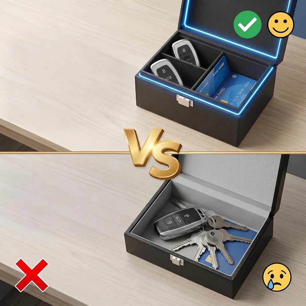 Car Key Storage Box With Removable Divider Metal Anti‑Theft Box With Carbon Fiber Pouch For Keys Wallets Phones