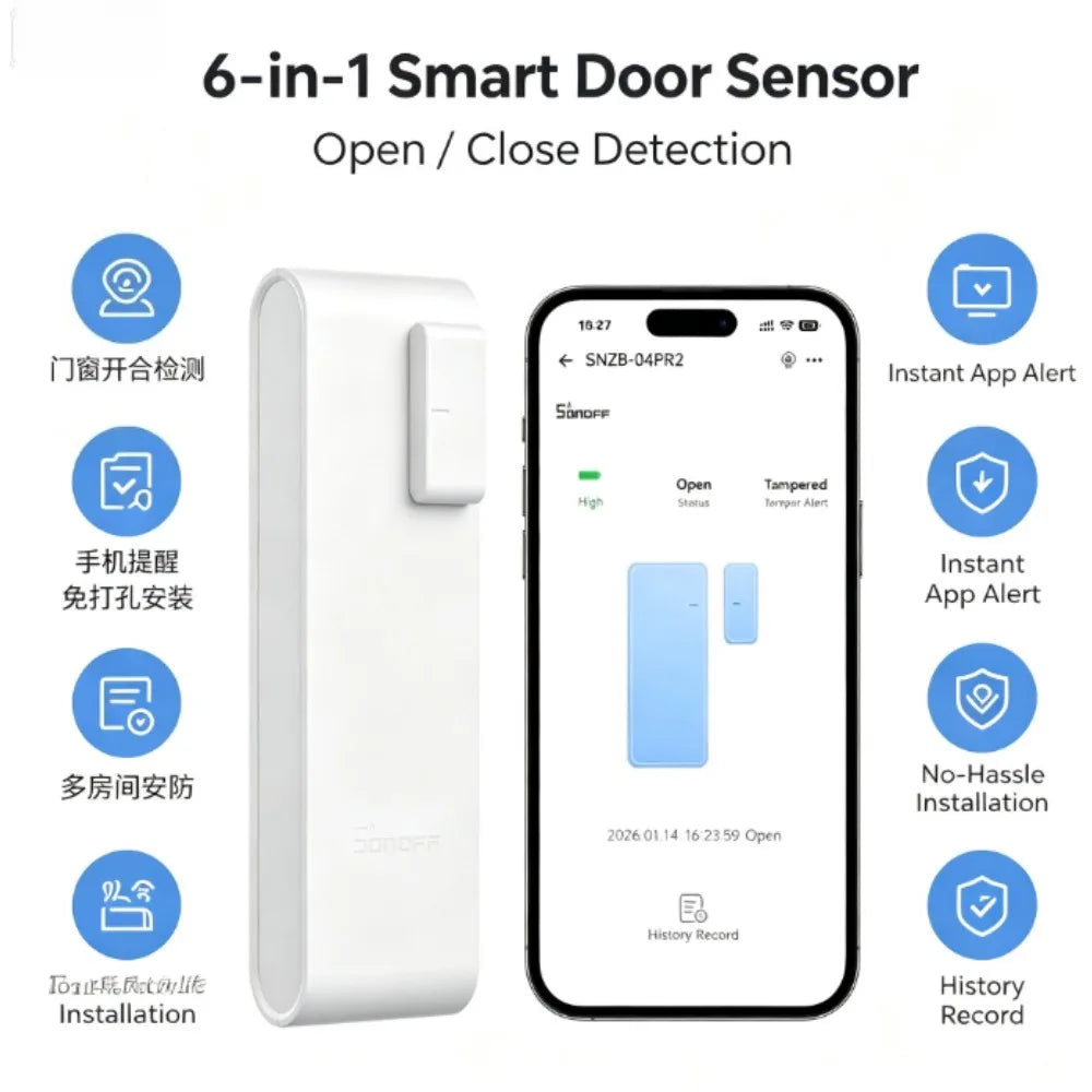 Capteur Intelligent Zigbee 6-en-1 Porte Fenêtre Ouverture/Fermeture avec Application Alerte Instantanée, Alarme de Mutation & Historique, Installation Sans Perçage pour Sécurité Domestique