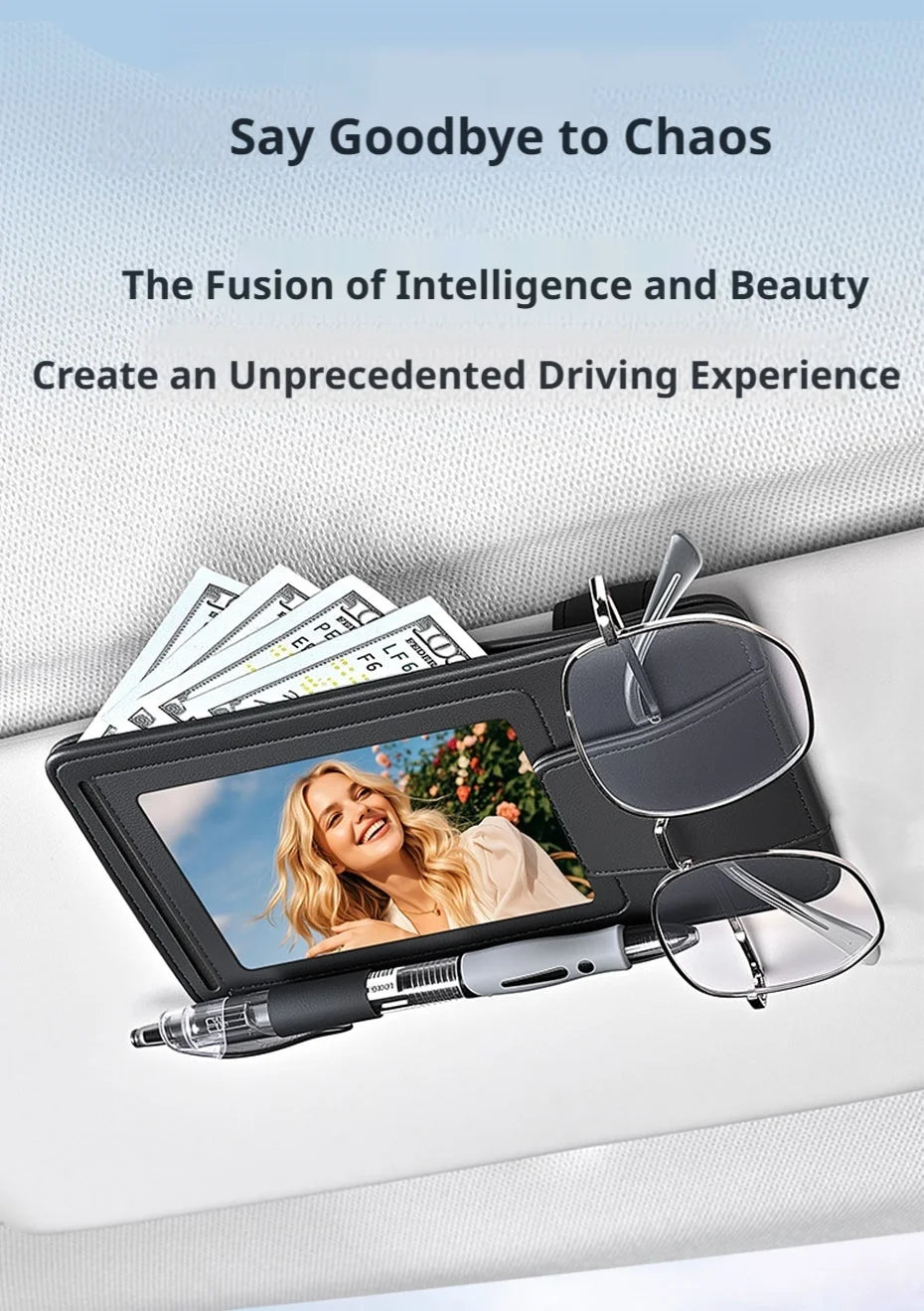 SEAMETAL Universal Car Sun Visor Organizer Microfiber Leather Ultra-Slim Powerful Magnetic Glasses Clip 3-in-1 Car Storage Bag