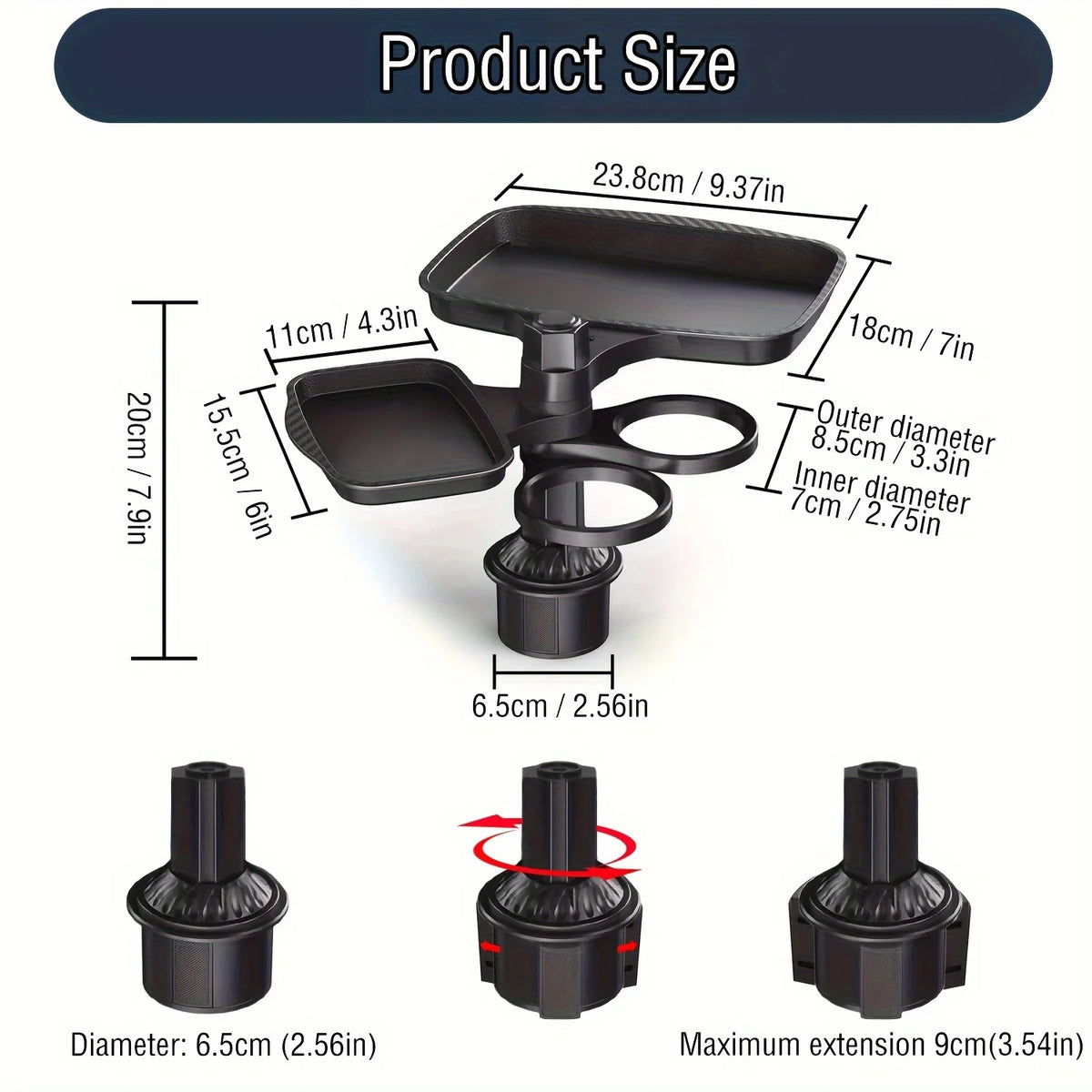 Adjustable Car Cup Holder Tray, Three Layout Options