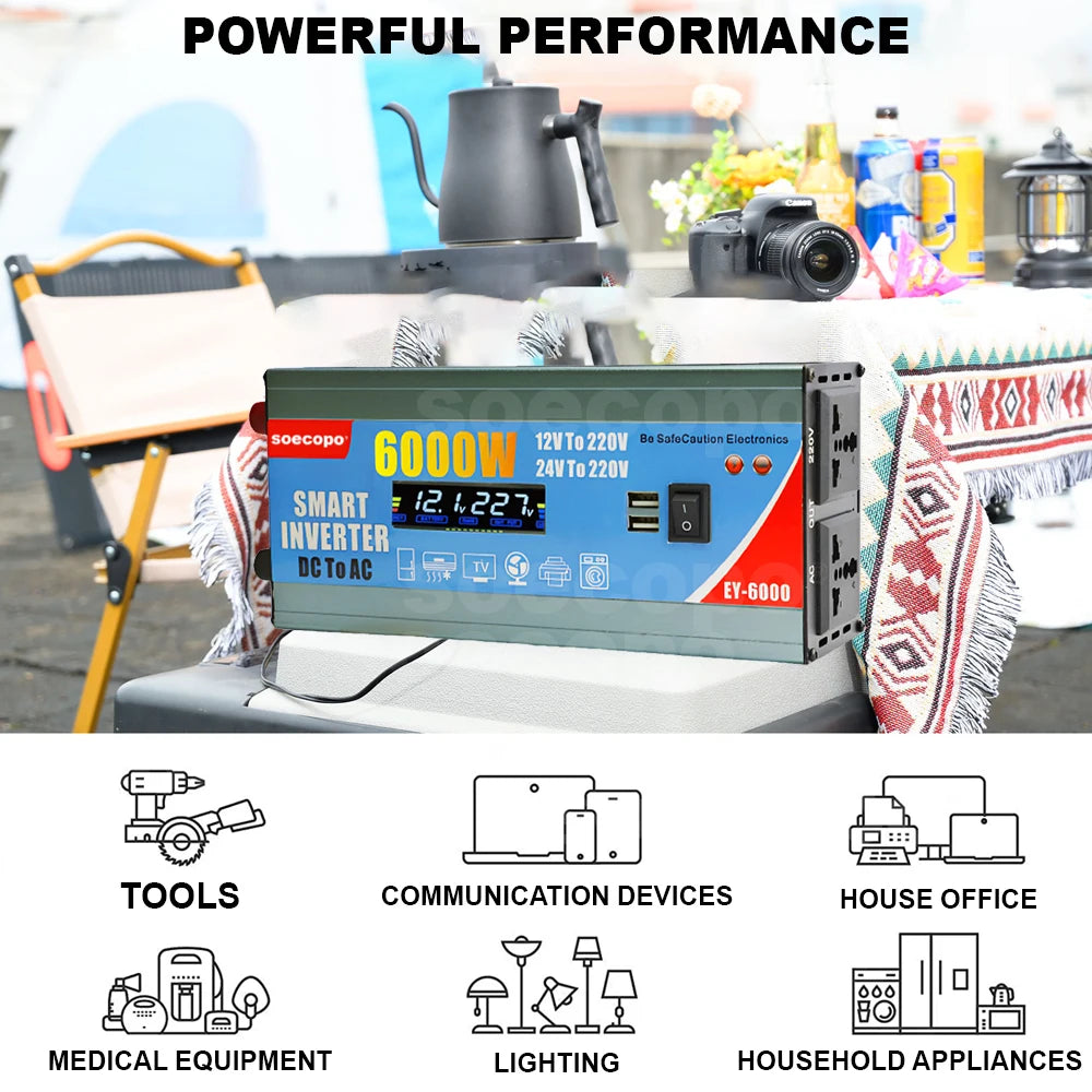 High-Efficiency 6000W Dual Voltage Power Inverter with LCD Display, Multi-Protection & Dual USB Ports