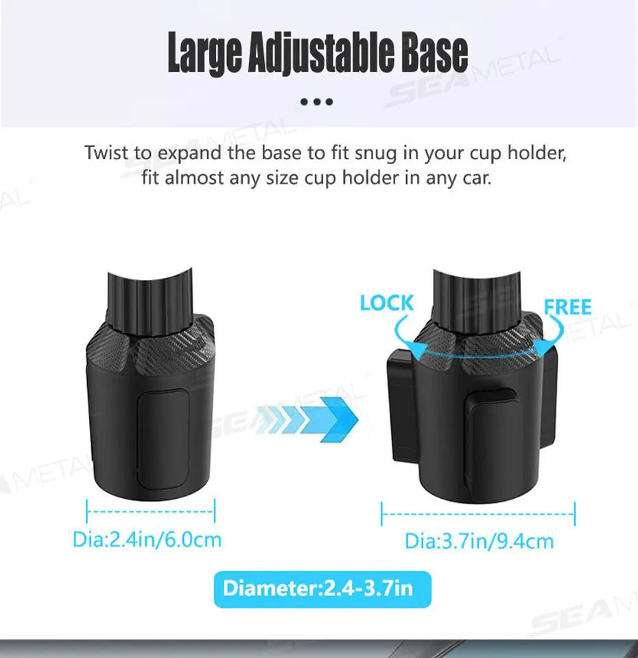 SEAMETAL Car Cup Holder Expander with Food Tray 360-Degree Rotation Stable Drink Holder Phone Mount Anti Slip Extendable Bottom