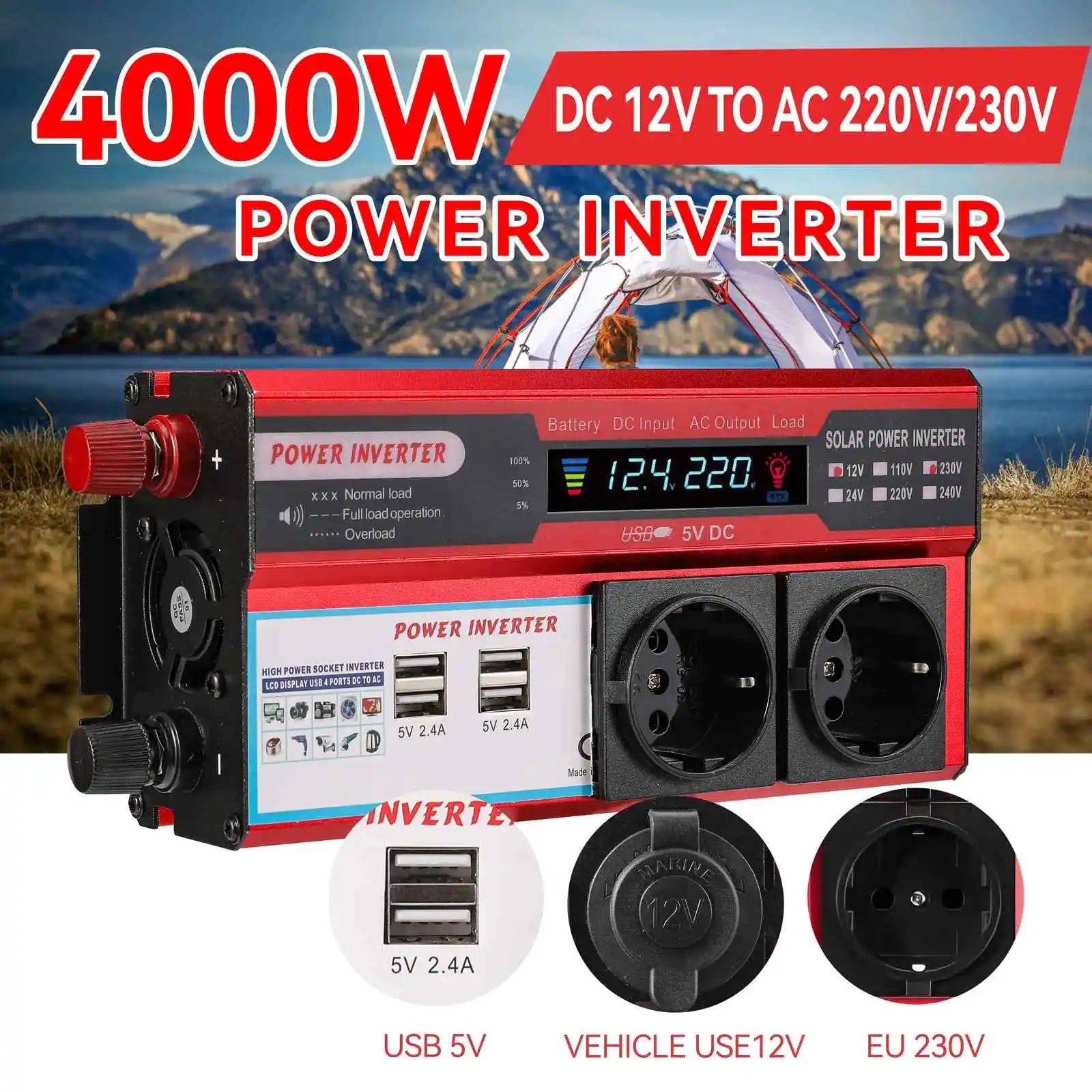 4000W/3000W Power Inverter with USB Charging and LED Display
