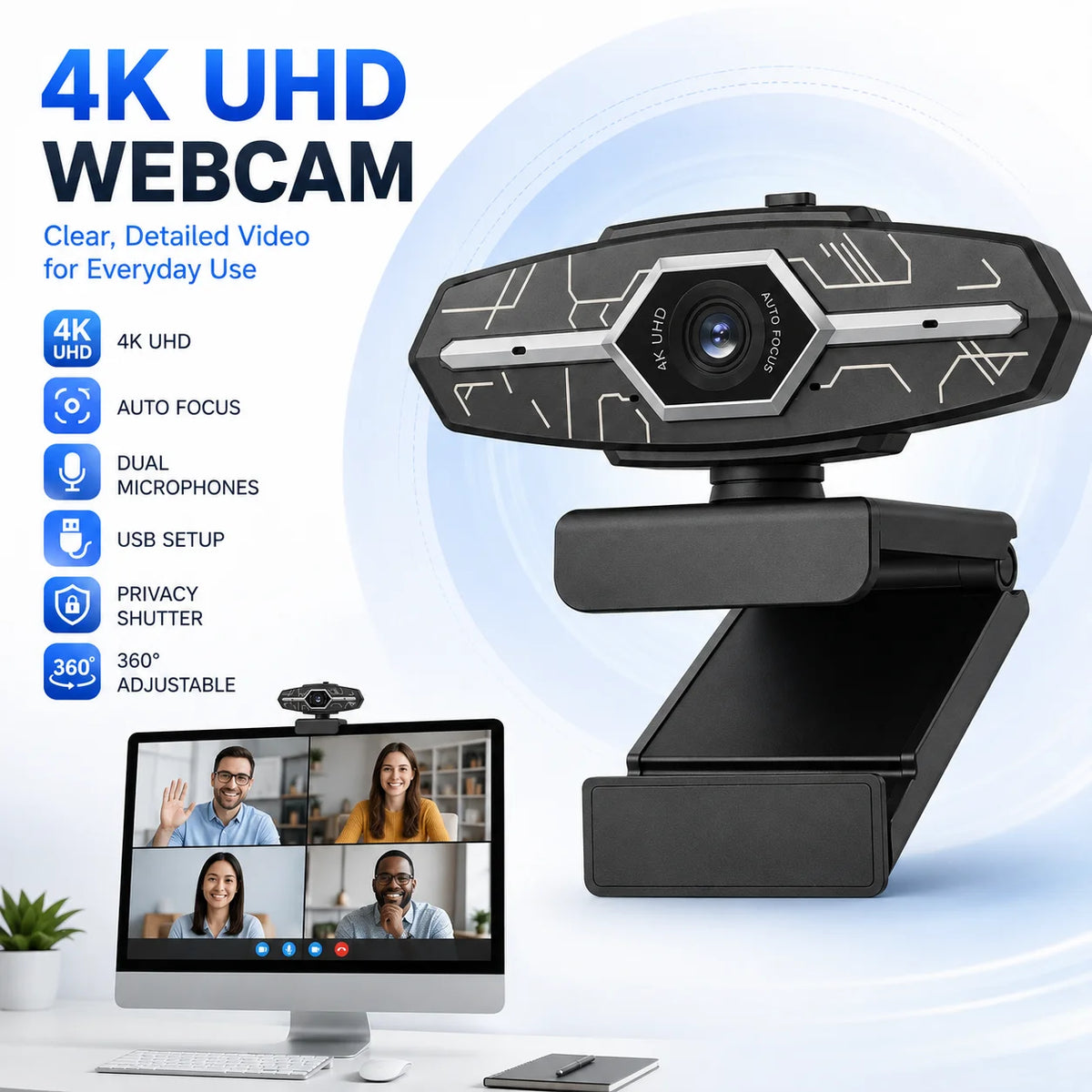 Webcam USB 4K con messa a fuoco automatica e otturatore per la privacy