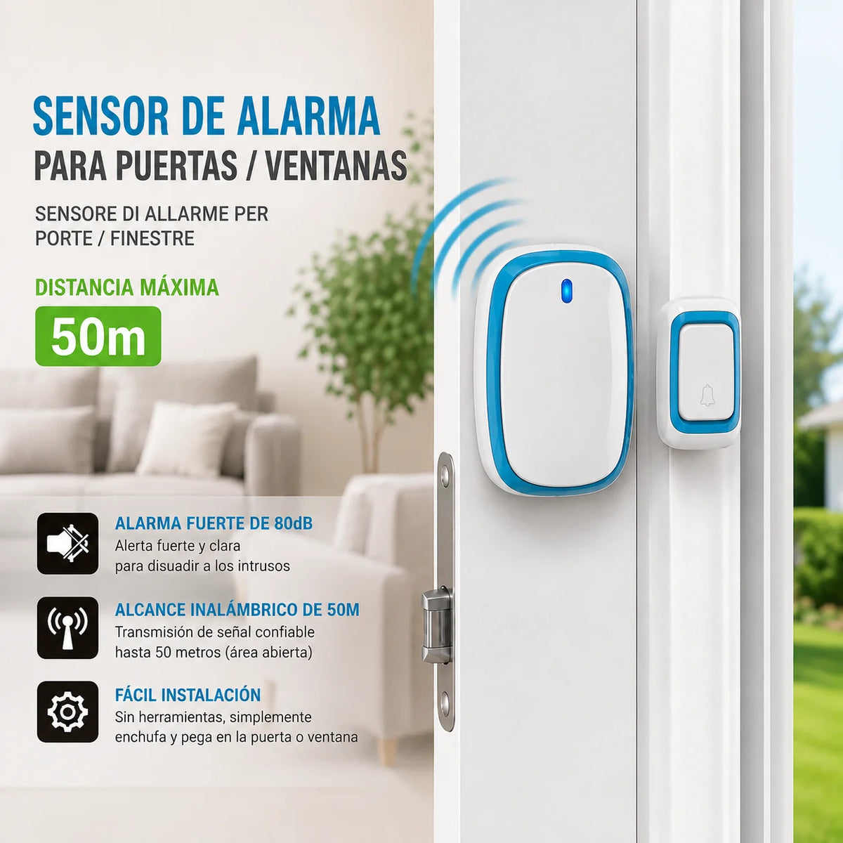 Sensor de Puerta y Ventana Inalámbrico, Versión enchufable | Alcance hasta 50 m | Alarma de 80 dB | Instalación fácil, Color blanco