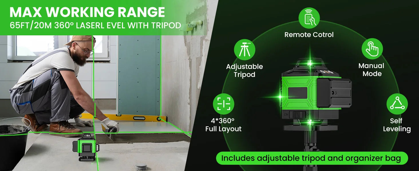 16 Lines 4D Laser Level green line SelfLeveling 360 Horizontal & Vertical power Laser level Professional Construction Tools