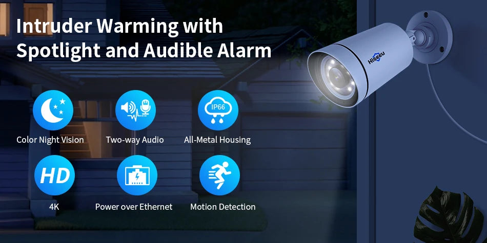 4K 8MP Outdoor PoE IP Security Camera with Audio, Motion Alarm, Color Night Vision, ONVIF