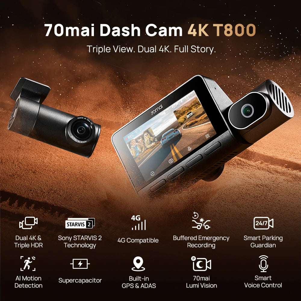 70mai T800 3-Channel 4K Dash Cam with HDR, GPS, 4G & WiFi 6