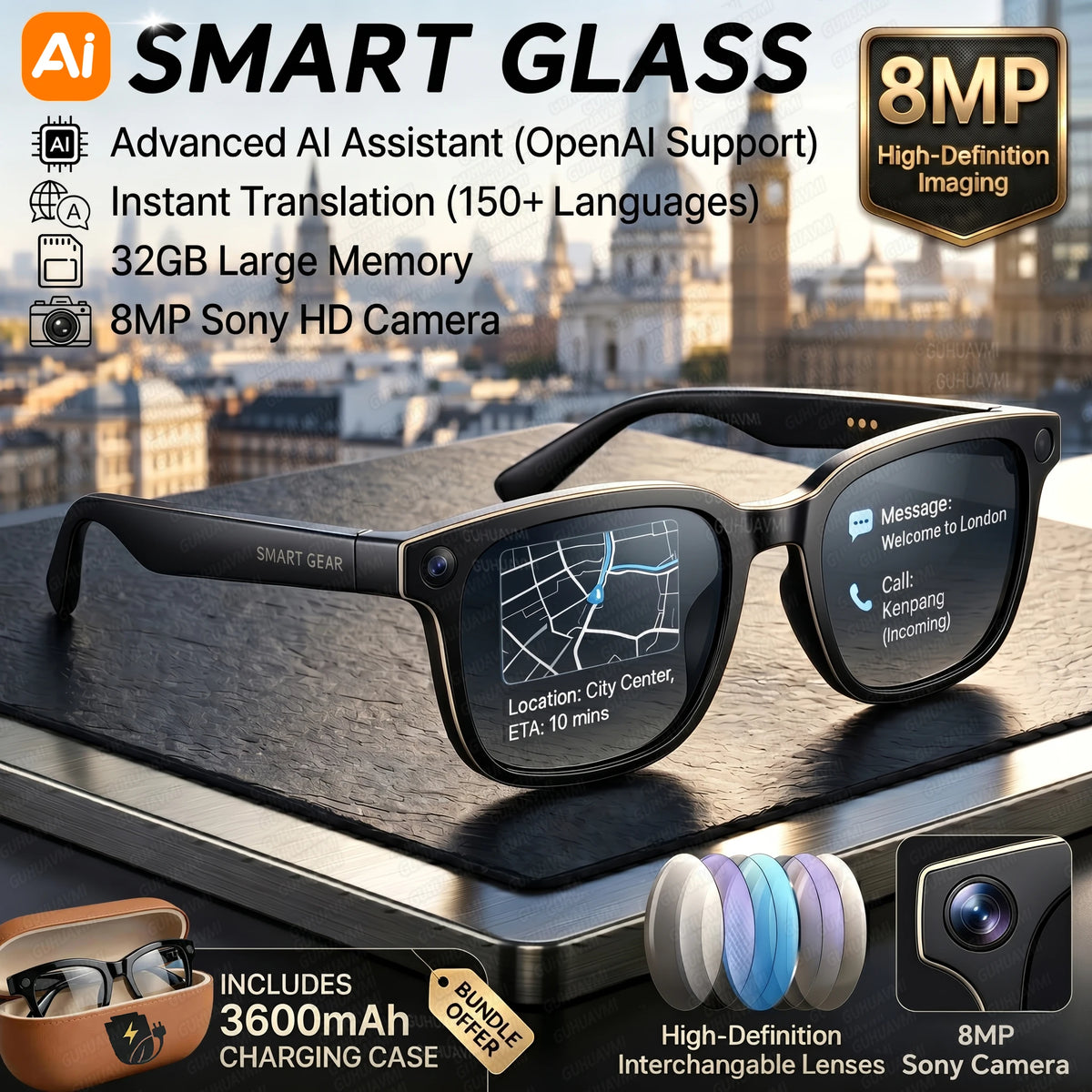 Lunettes intelligentes AI avec caméra, traduction et audio