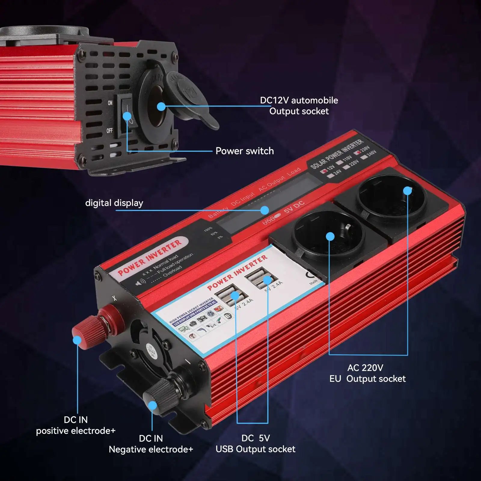 Inversor de Energia 4000W 3000W DC 12V para AC 220V 230V com Transformador, 4 Tomadas USB UE e Ecrã LED para Carregamento