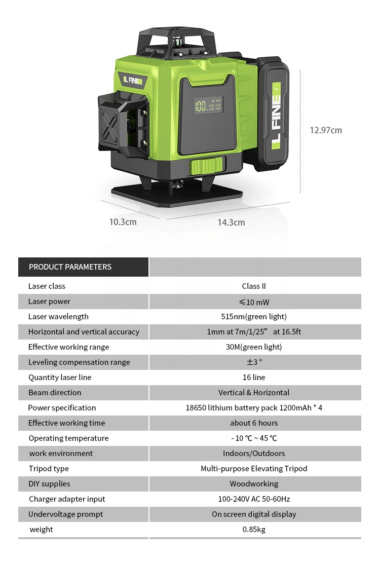16 Lines 4D Laser Level 12 Lines 3D level 360°Self-leveling Horizontal and Vertical Cross Super Powerful Green Laser Beams