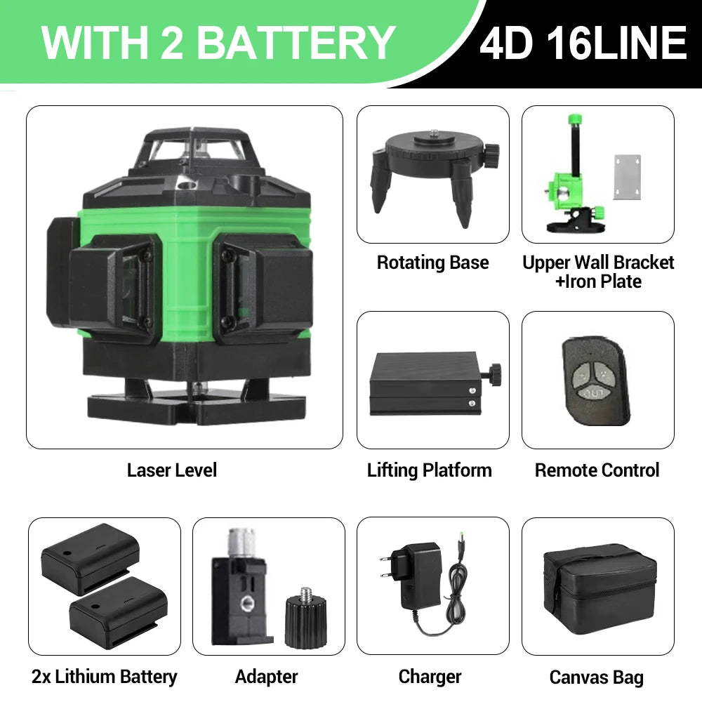 16 Lines 4D Laser Level green line SelfLeveling 360 Horizontal & Vertical power Laser level Professional Construction Tools