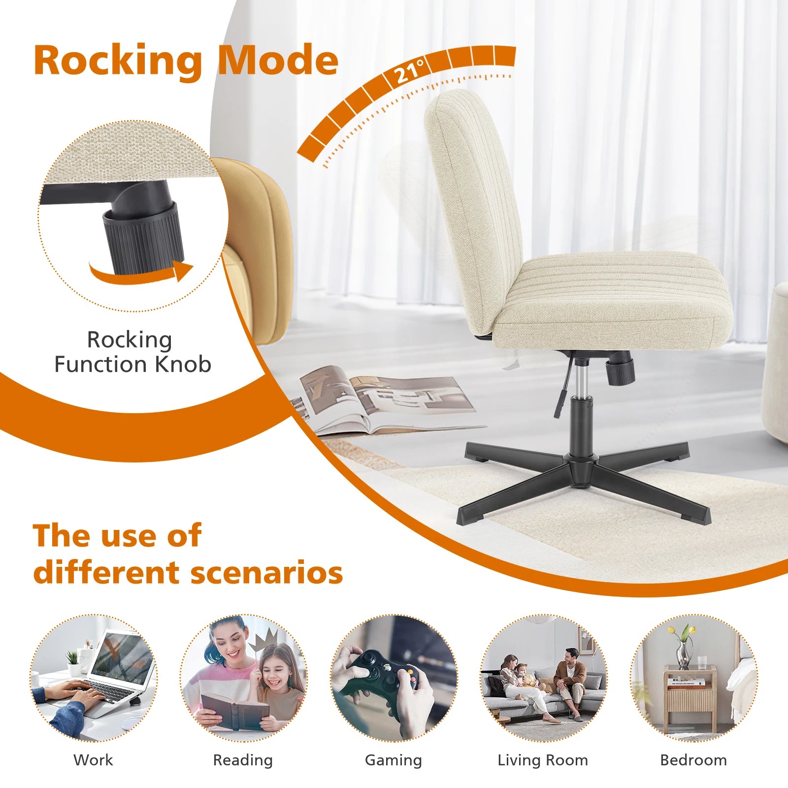 Chaise de bureau large jambes croisées, sans accoudoirs, siège pivotant réglable