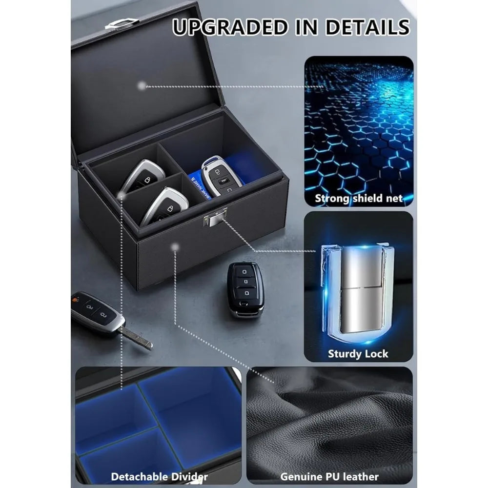 Car Key Storage Box With Removable Divider Metal Anti‑Theft Box With Carbon Fiber Pouch For Keys Wallets Phones