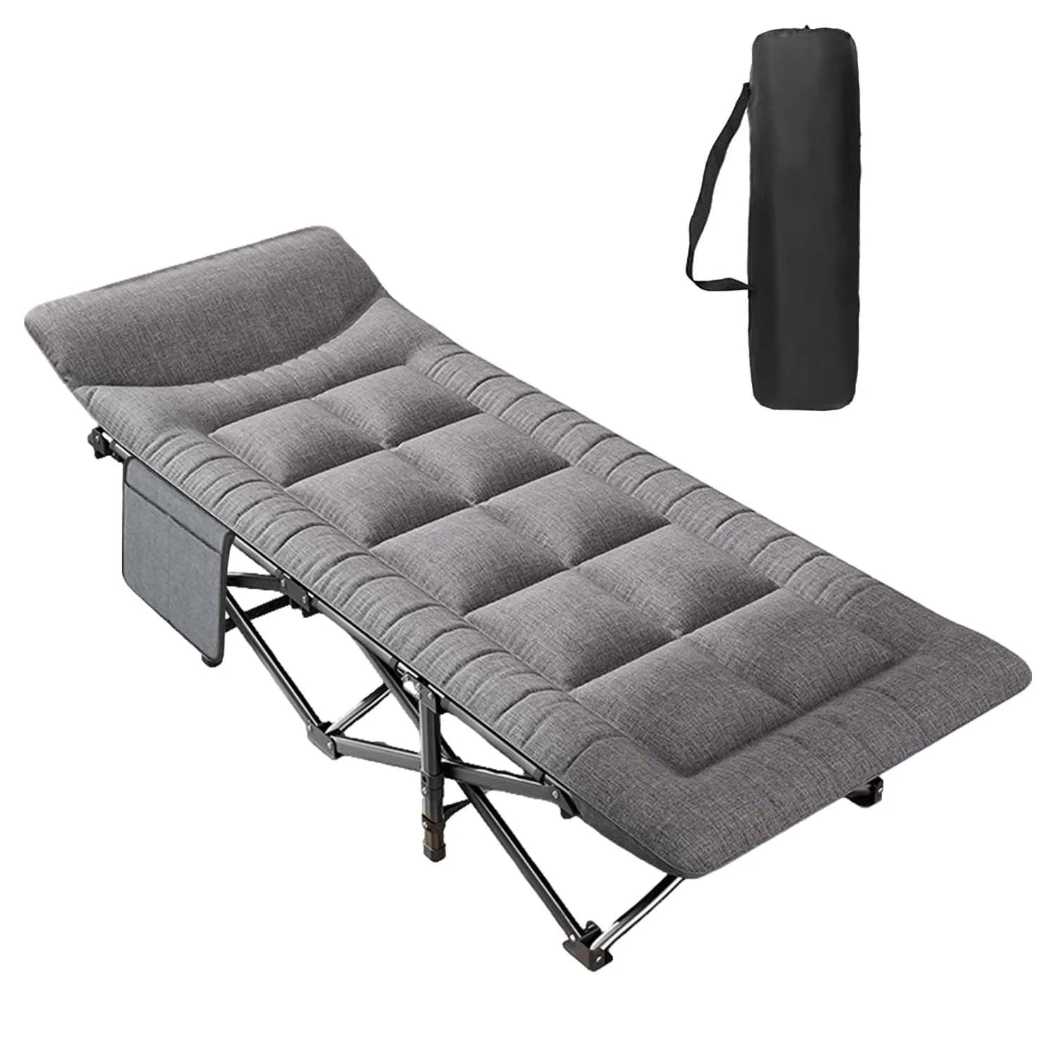 Folding Camping Bed with Headrest & Side Pocket Portable Single Cot