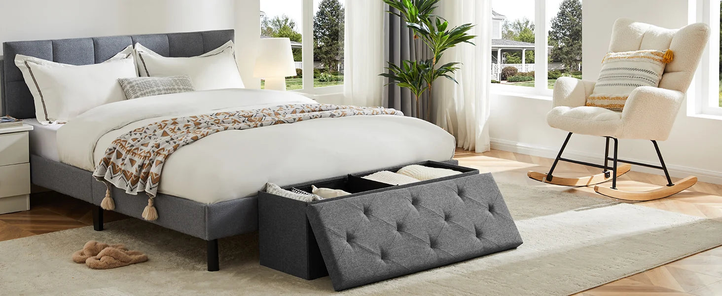 Storage Ottoman Bench with Hidden Toy Box Linen Stool 43in