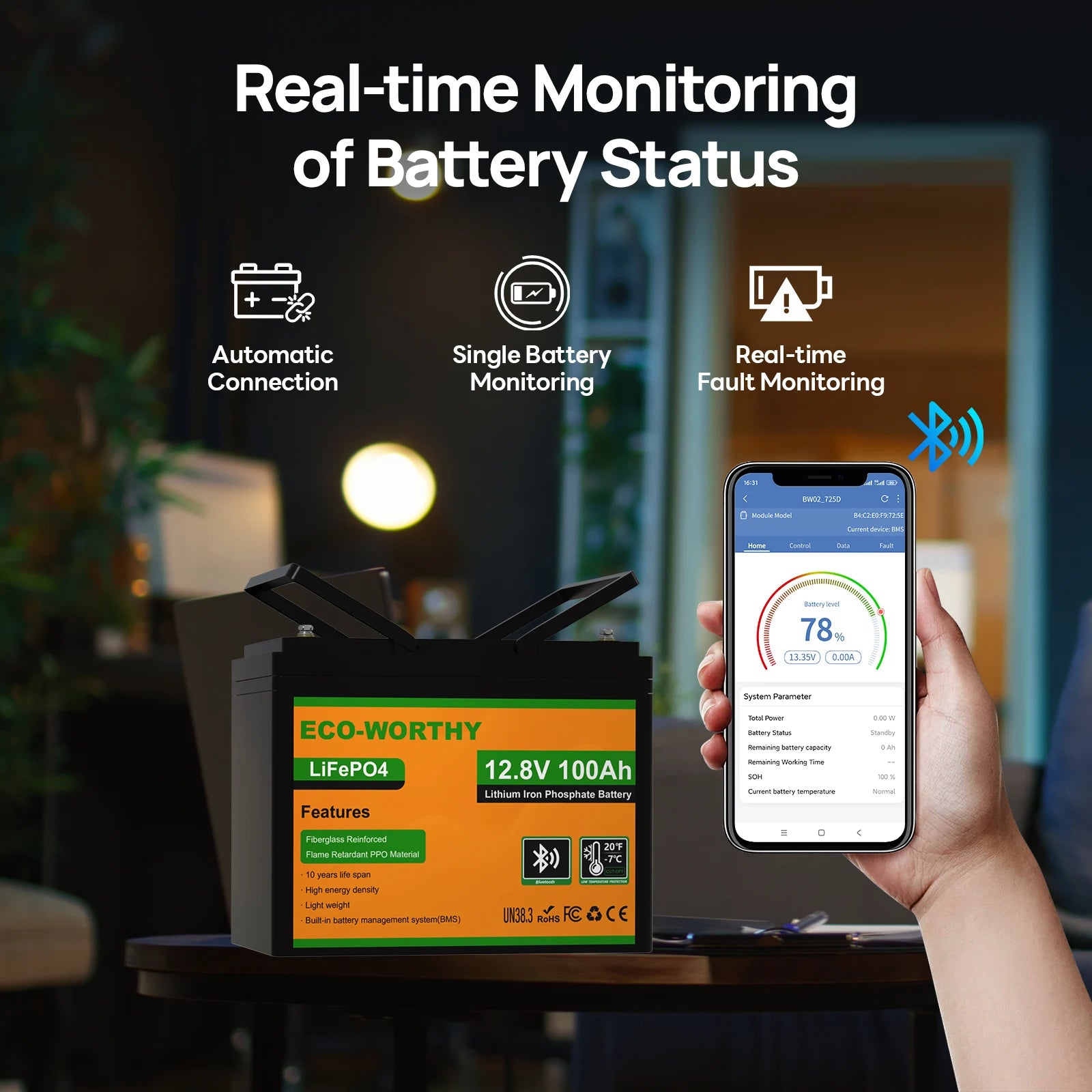 12V 100Ah LiFePO4 baterie s Bluetooth a ochranou proti chladu