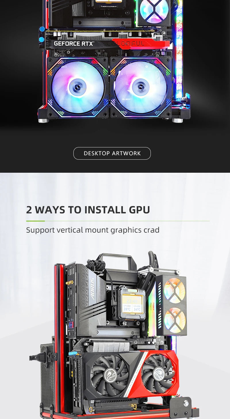 Open Frame ATX Aluminum PC Case with Horizontal GPU Mount