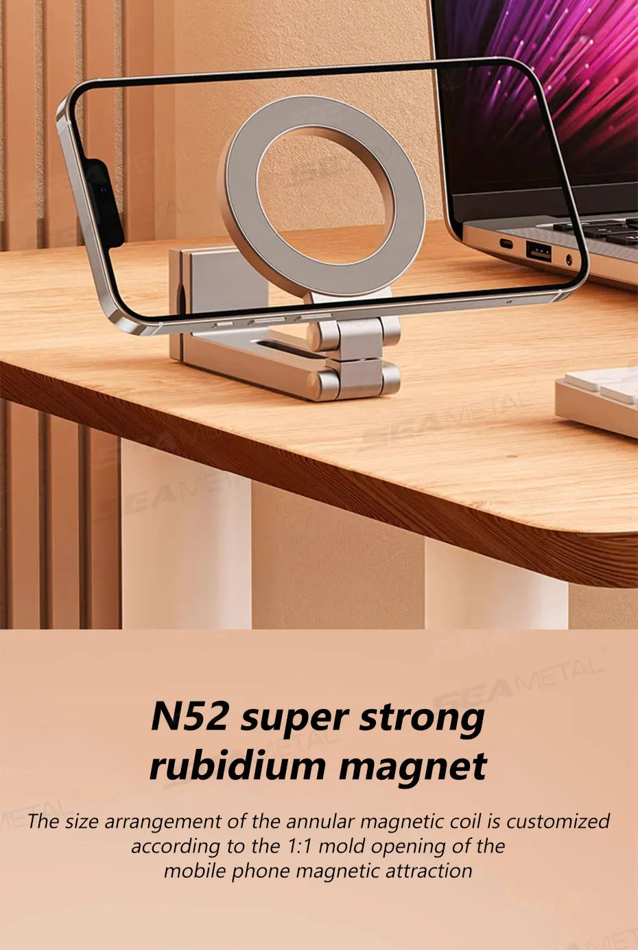 SEAMETAL Portable Magnetic Phone Mount N52 Strong Magnet Tiny Phone Holder for Traveling 360-Degree Rotation Stable Phone Stand