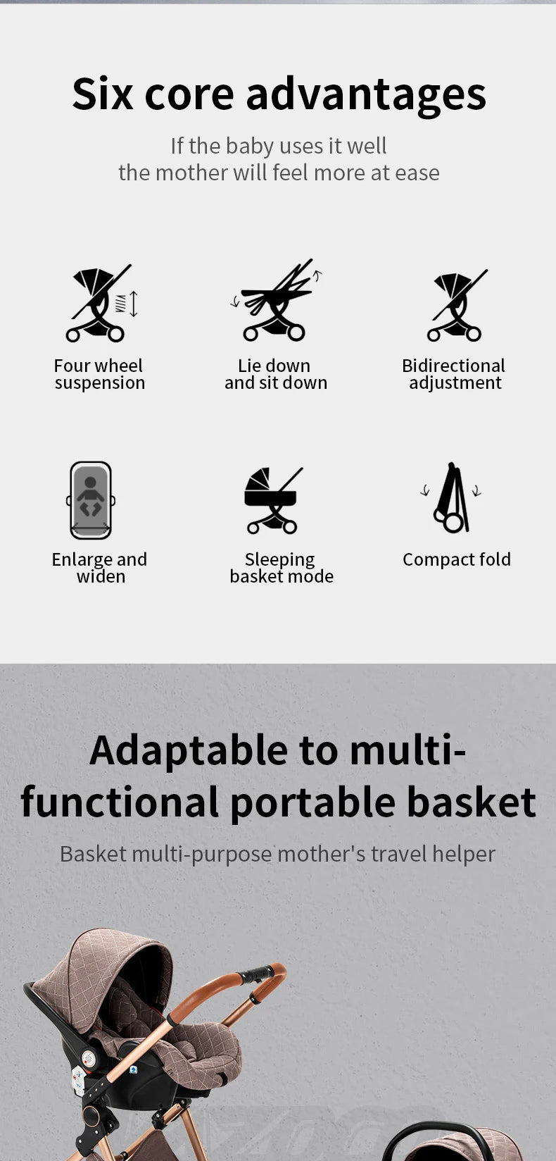 3 in 1 Baby Stroller Portable Travel Pram with High Landscape Design