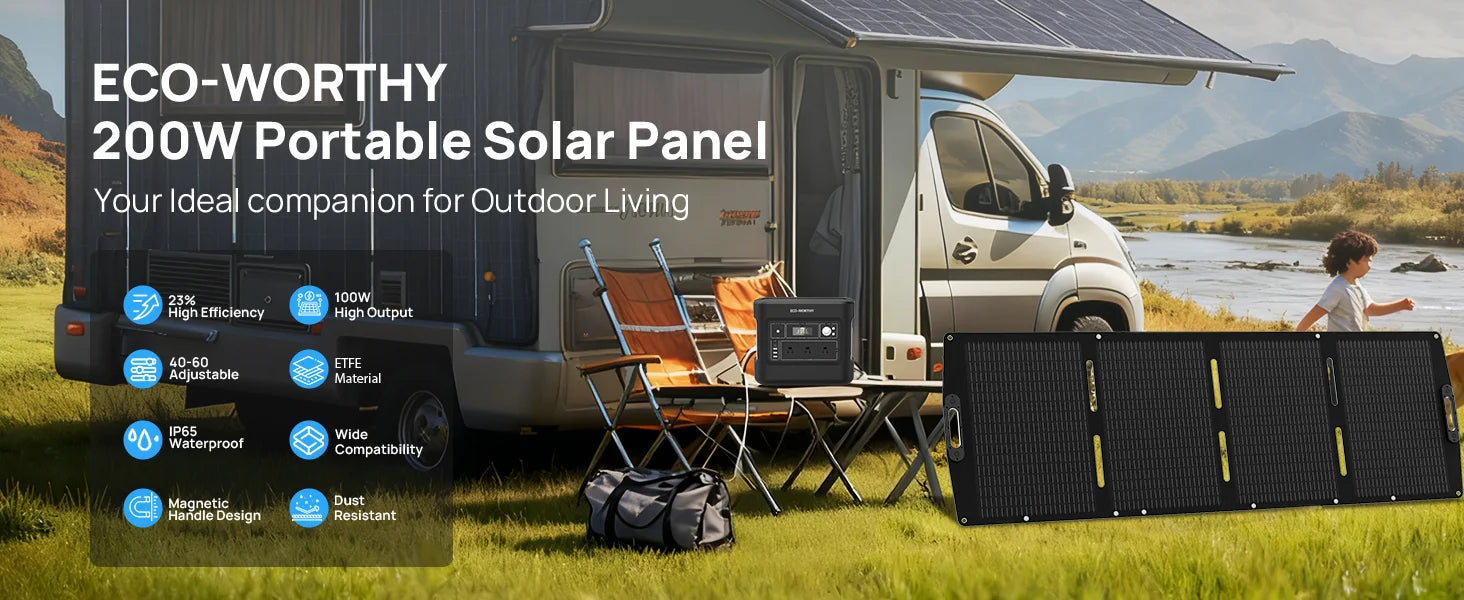 Přenosný solární panel 200W s účinností 23 % a nastavitelným stojánkem