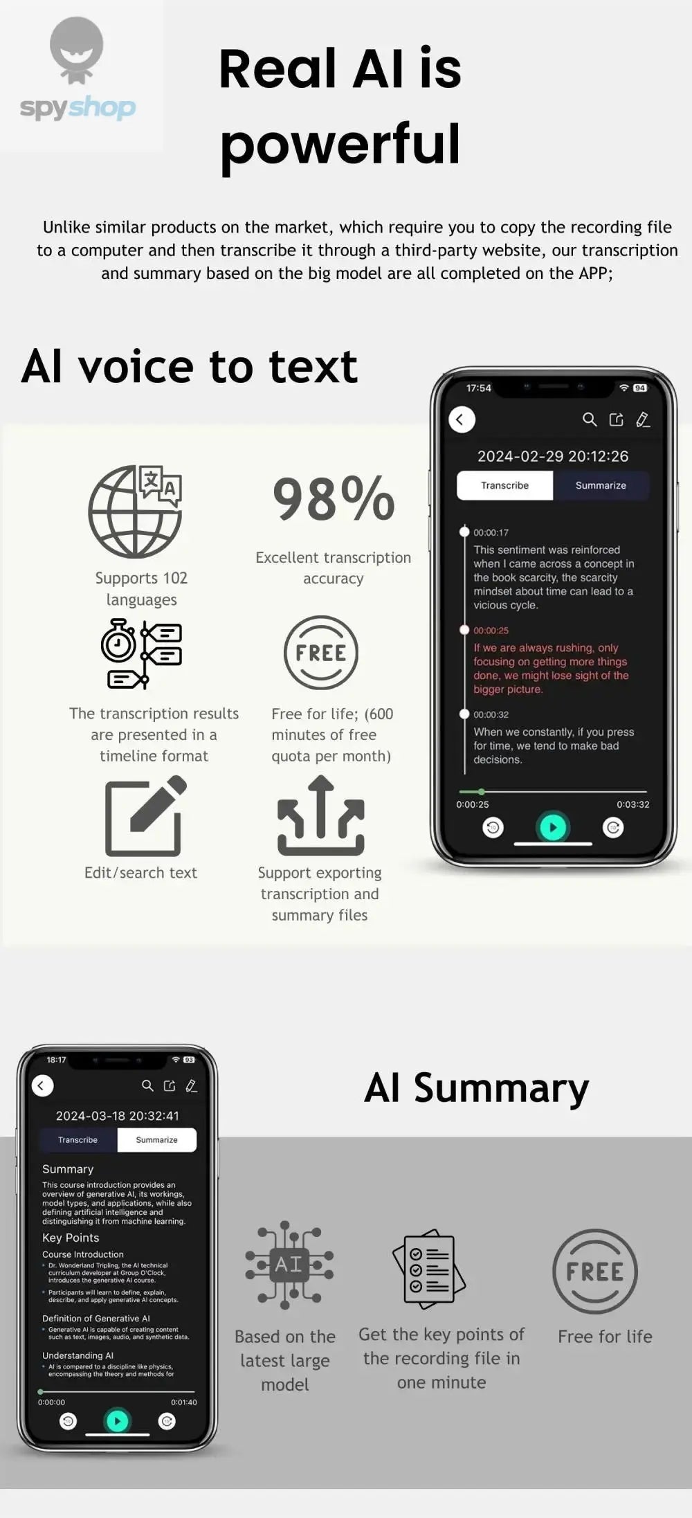 AI-Powered Ai Voice Recorder and Call Recorder with Speech-to-Text & Summarization, Supports 100 Languages, 64GB Storage Spy-shop.com