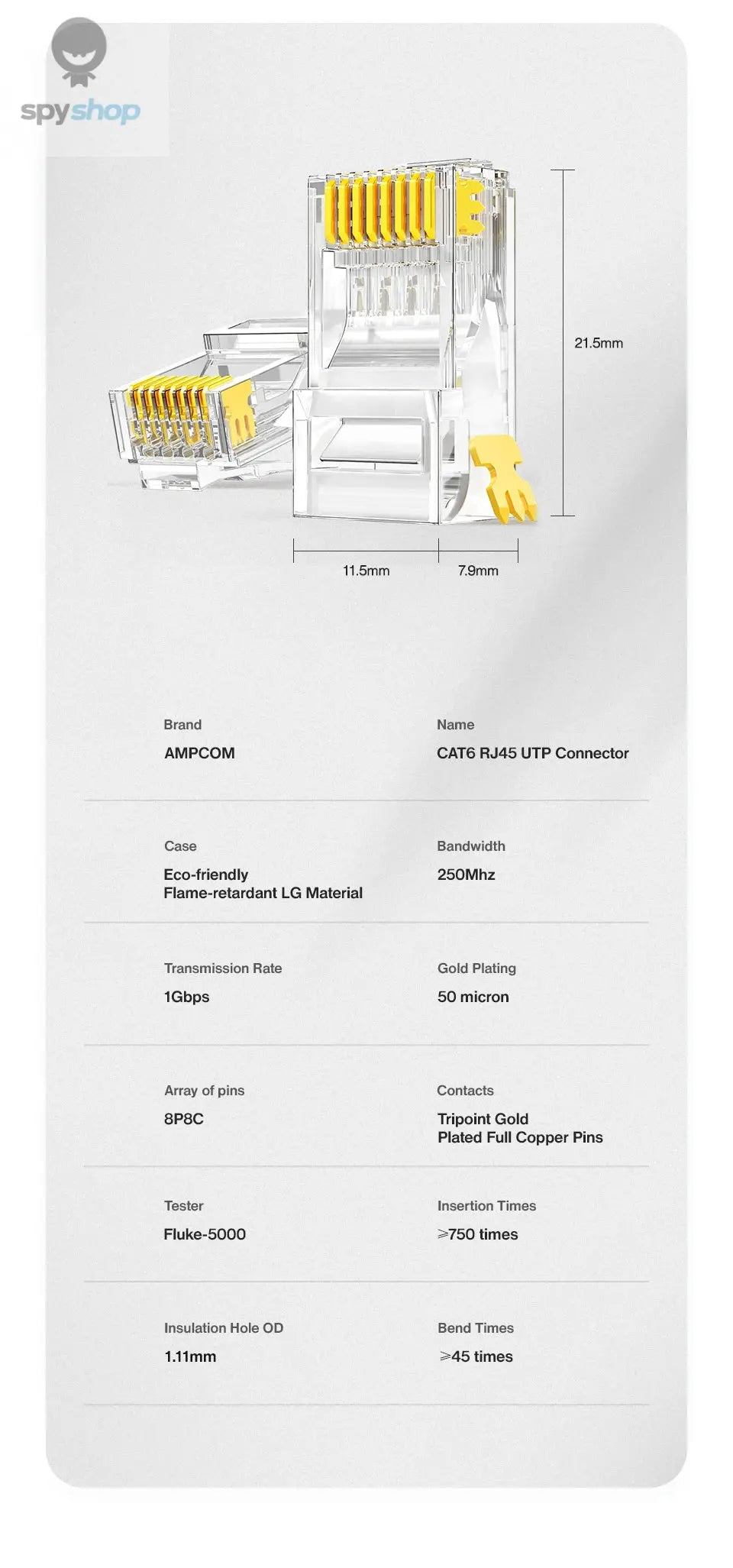 AMPCOM CAT6 RJ45 Modular Plug Connector UTP 50μ Gold-Plated Two-Pieces 8P8C Crimp End for Ethernet Cable, Bulk Ethernet Cable Spy-shop.com