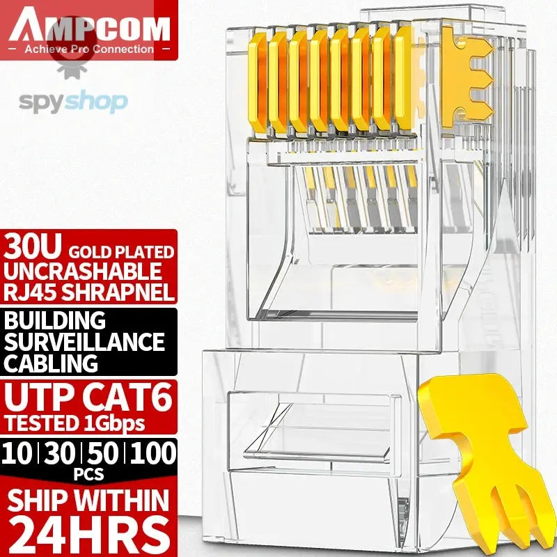 AMPCOM CAT6 RJ45 Modular Plug Connector UTP 50μ Gold-Plated Two-Pieces 8P8C Crimp End for Ethernet Cable, Bulk Ethernet Cable Spy-shop.com