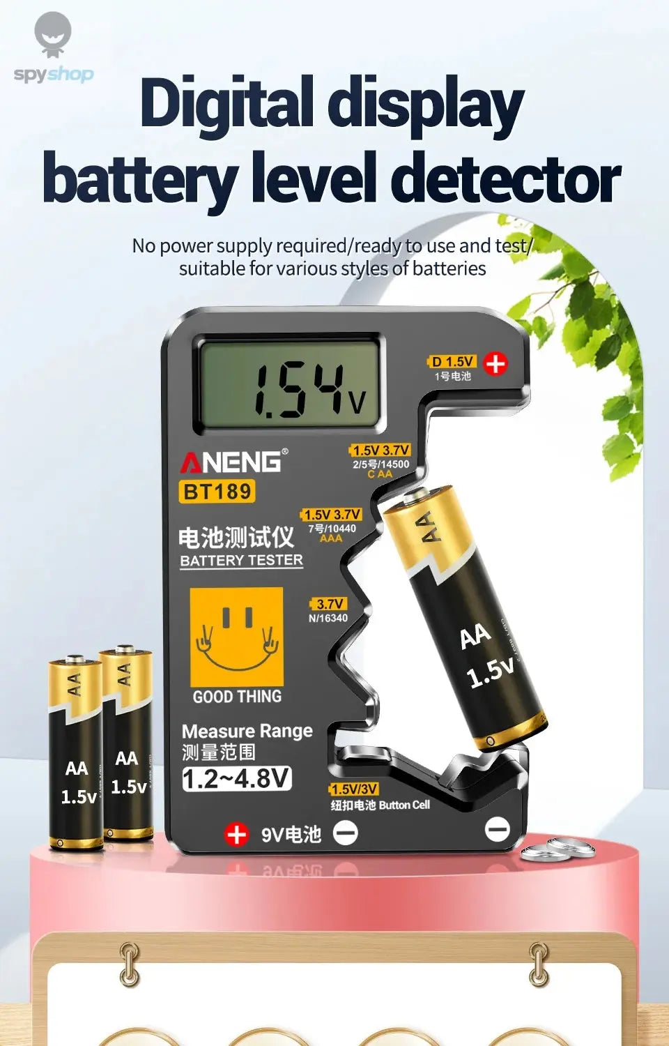 ANENG BT189 Button Cell Battery Tester 9V N D C AA AAA Universal Household LCD Display Battery Tester Power Bank Detectors Tools Spy-shop.com
