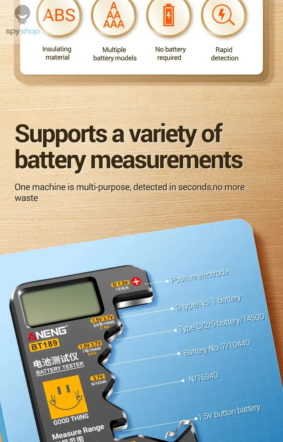 ANENG BT189 Button Cell Battery Tester 9V N D C AA AAA Universal Household LCD Display Battery Tester Power Bank Detectors Tools Spy-shop.com