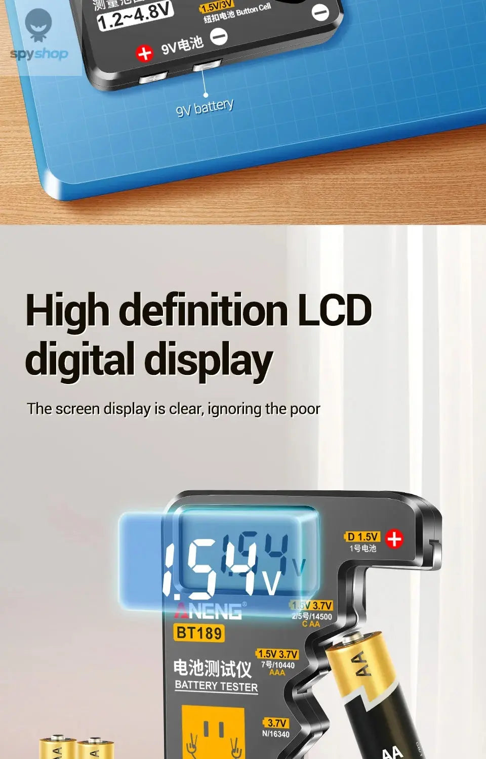 ANENG BT189 Button Cell Battery Tester 9V N D C AA AAA Universal Household LCD Display Battery Tester Power Bank Detectors Tools Spy-shop.com