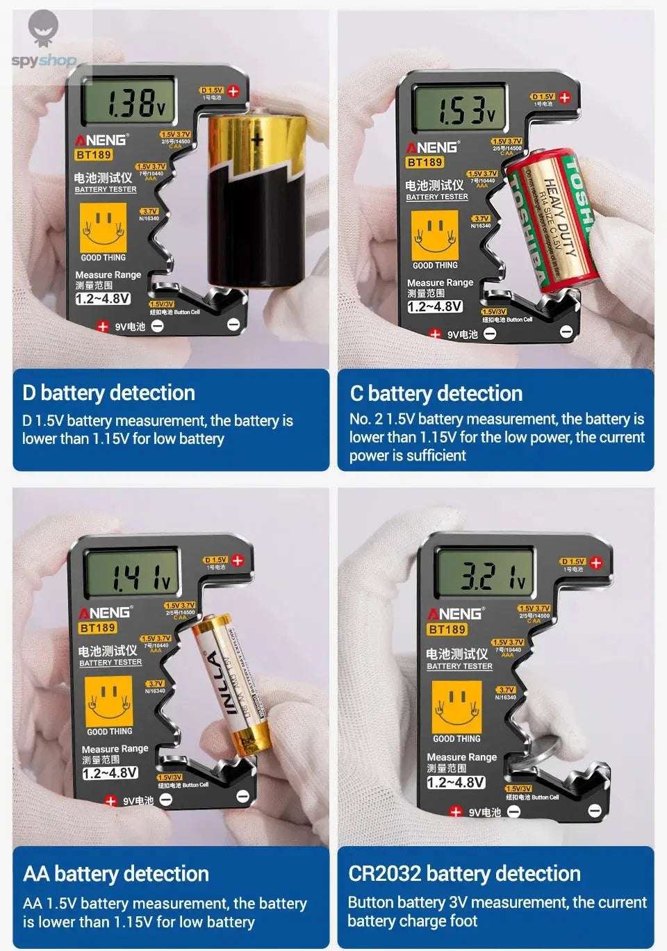 ANENG BT189 Button Cell Battery Tester 9V N D C AA AAA Universal Household LCD Display Battery Tester Power Bank Detectors Tools Spy-shop.com