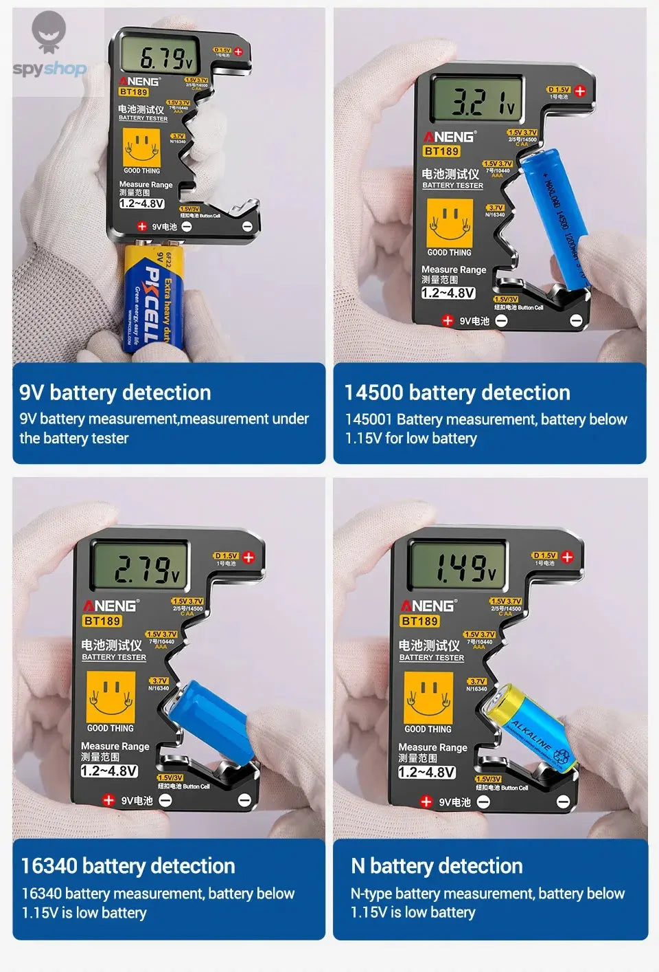 ANENG BT189 Button Cell Battery Tester 9V N D C AA AAA Universal Household LCD Display Battery Tester Power Bank Detectors Tools Spy-shop.com