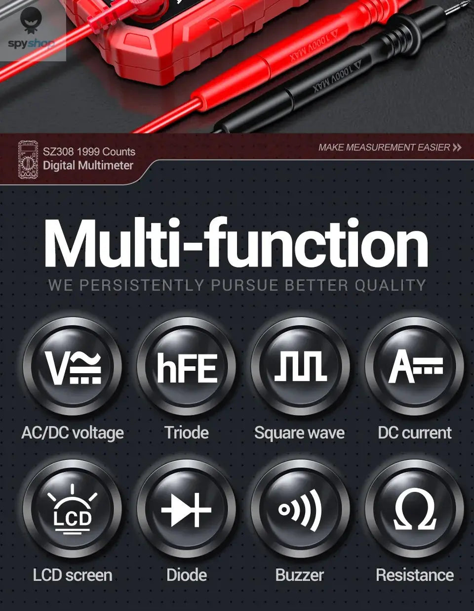 ANENG SZ308 Digital Multimeter AC/DC Current Meter Voltage Resistance Meter Electrician LCD Backlight Ohm Square Wave Test
