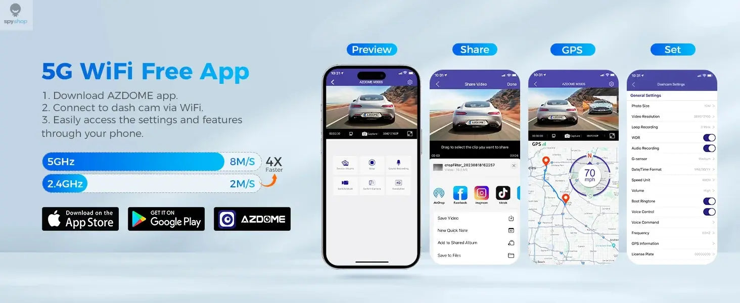AZDOME M300S 4K Dash Cam Front and Rear, 5.8G WiFi GPS Dash Camera for Cars, Free 64GB SD Card, Voice Control, WDR Night Vision Spy-shop.com