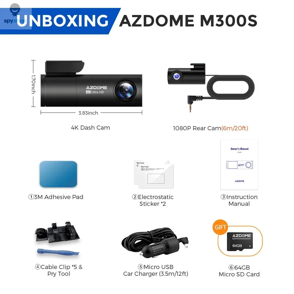 AZDOME M300S 4K Dash Cam Front and Rear, 5.8G WiFi GPS Dash Camera for Cars, Free 64GB SD Card, Voice Control, WDR Night Vision Spy-shop.com